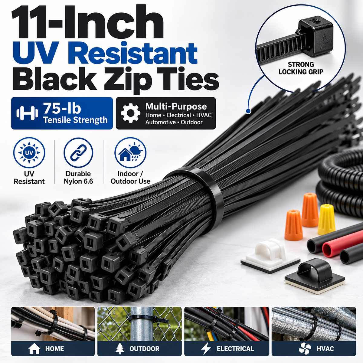 11-Inch UV Resistant Black Multi-Purpose Zip Tie – 75 lb Tensile Strength