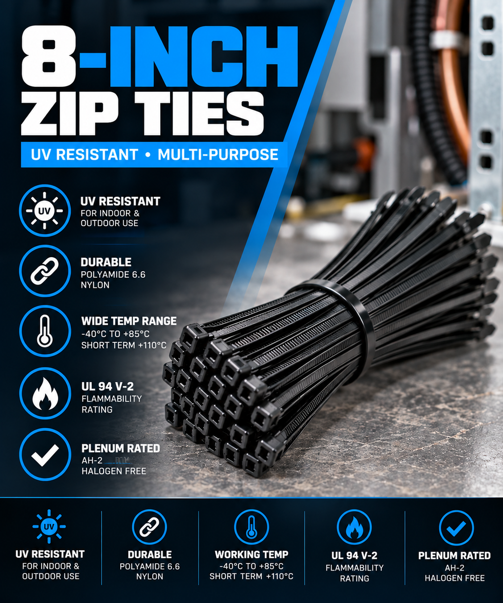 8-inch UV Resistant Black Multi-Purpose Zip Tie, 75-lb Tensile Strength