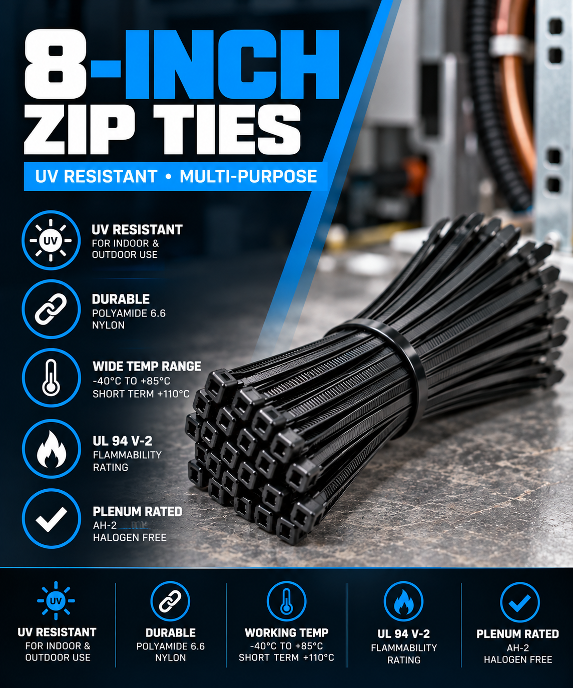 8-inch UV Resistant Black Multi-Purpose Zip Tie, 75-lb Tensile Strength